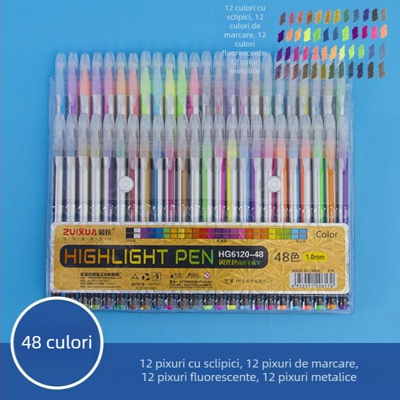 Set de markere neon strălucitoare cu sclipici, pixuri gel colorate în stil koreean pentru jurnal și evidențierea notițelor