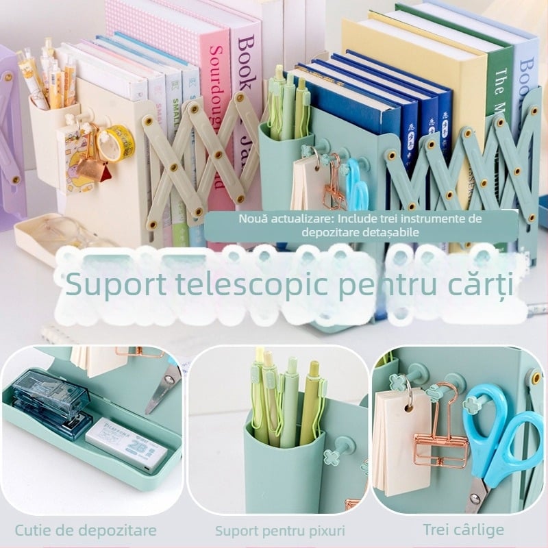 Suport telescopic din metal pentru birou, cu spațiu de depozitare pe birou și cutie pentru pixuri – organizator pentru birou și școală
