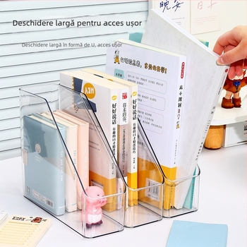 Organizator de birou din acrilic, cu front înclinat și spațiu de depozitare transparent, raft pentru cărți