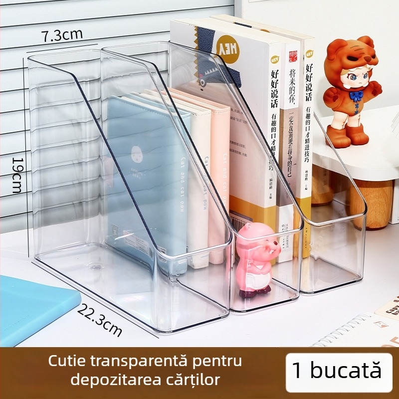 Organizator de birou din acrilic, cu front înclinat și spațiu de depozitare transparent, raft pentru cărți