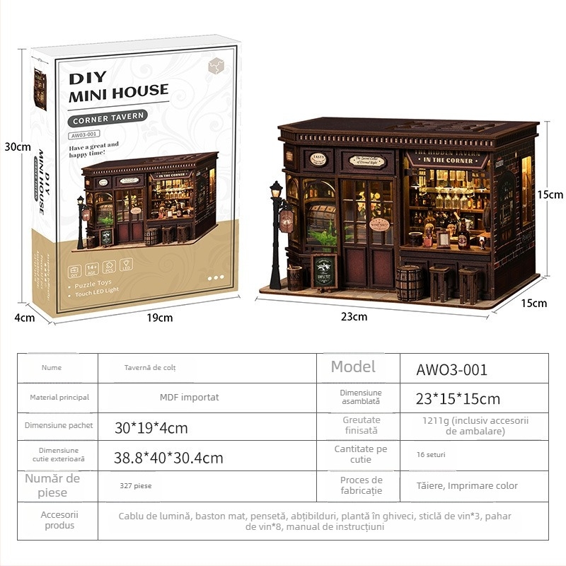 Tavernă de colț din lemn DIY – suport pentru cărți și colț de lectură, set de asamblare pentru decor interior