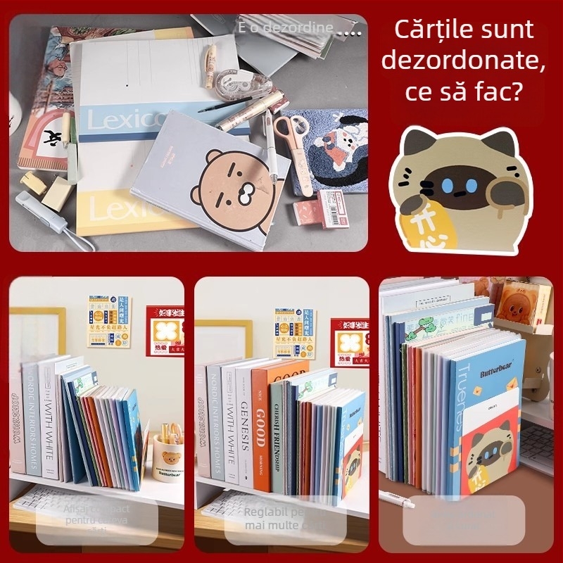 Deli suport metalic pentru cărți, design cartoon drăguț – suport de birou pentru cărți, organizator de birou