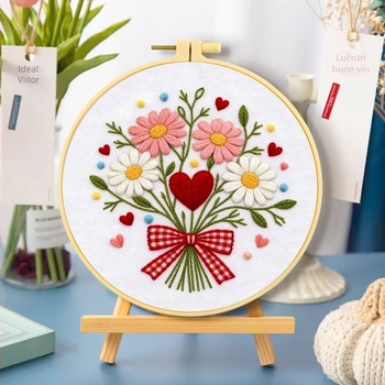 Kit DIY de broderie pe pânză de in: buchet cu fundă în formă de inimă, broderie florală pentru începători