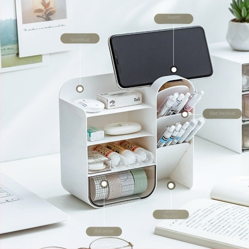 Suport de pixuri înclinat și cutie de depozitare – organizator pentru cosmetice și papetărie, pentru birou, studiu și dormitor