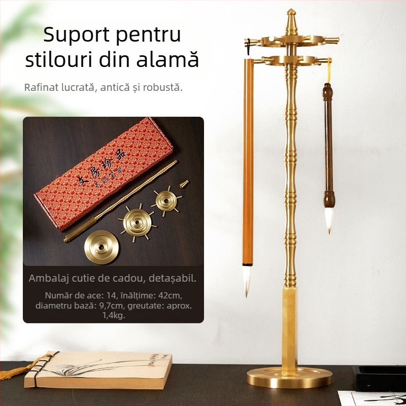 Suport din alamă pentru pensule, disc rotativ, organizator de birou în stil chinezesc pentru instrumente de caligrafie