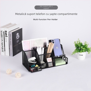 Suport metal pentru pixuri cu șapte compartimente și suport pentru telefon – organizator de birou multifuncțional