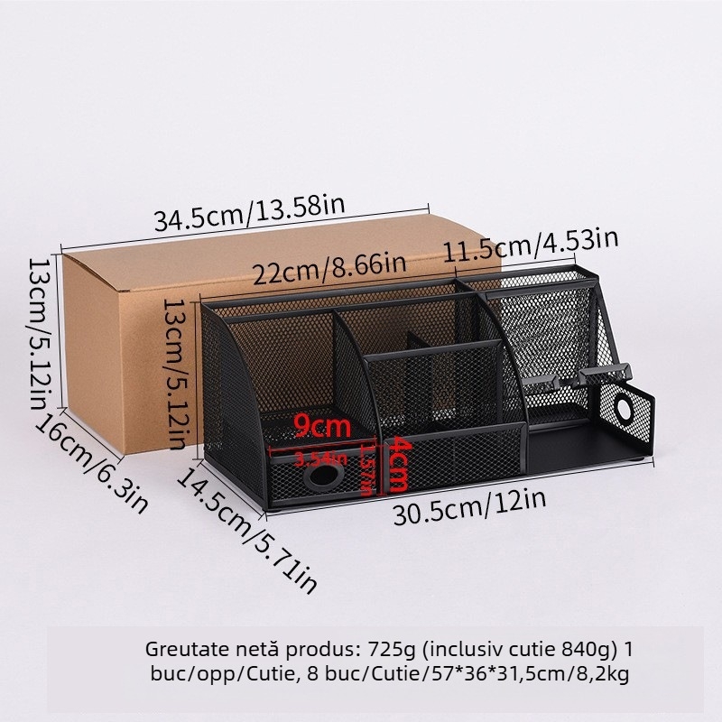 Suport metal pentru pixuri cu șapte compartimente și suport pentru telefon – organizator de birou multifuncțional