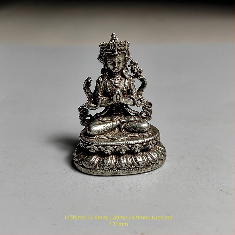 Statuetă mică Buddha din cupru pur, solidă, în stil antic, portabilă – Shakyamuni și Buddha-ul Medic, Zeul Galben al Bogăției