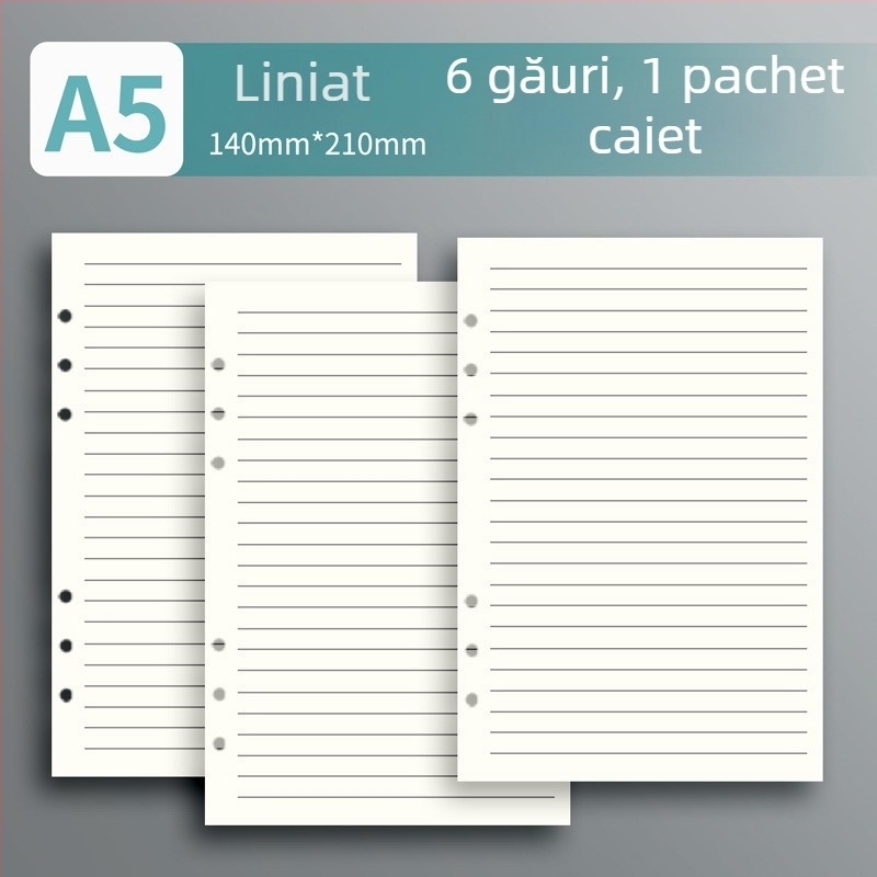 Core de înlocuire pentru carnet cu 6/9 găuri — pagini interioare detașabile, dimensiune A5, 60 de foi, liniate, pătrate sau goale
