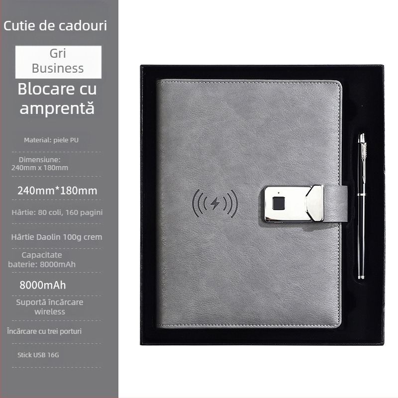Caiet cu lacăt biometric și baterie externă încorporată cu încărcare wireless — set cadou de afaceri