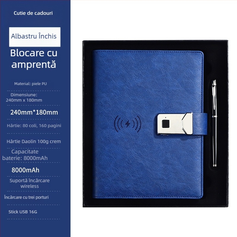 Caiet cu lacăt biometric și baterie externă încorporată cu încărcare wireless — set cadou de afaceri