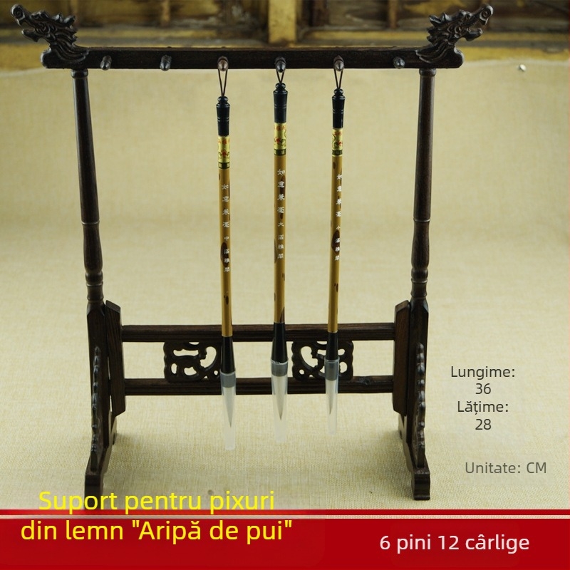 Raft de expunere din lemn, în stil antic, pentru pixuri și pensule, cu cap de dragon dublu, 6 știfturi și 12 suporturi pentru pensule