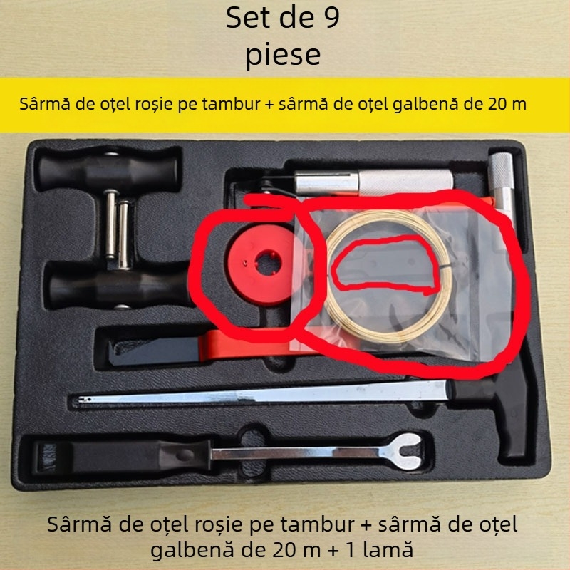 Kit de demontare și montaj parbriz, set de 8 unelte pentru sticlă auto, cablu de tracțiune din oțel