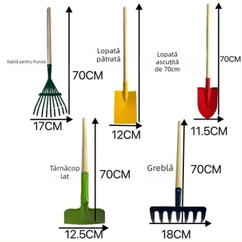 Set pentru plajă și grădină pentru copii: lopată lungă pentru nisip, unelte de grădină, lopată de grădină și lopăcel pentru flori; cap din fontă, mâner din lemn