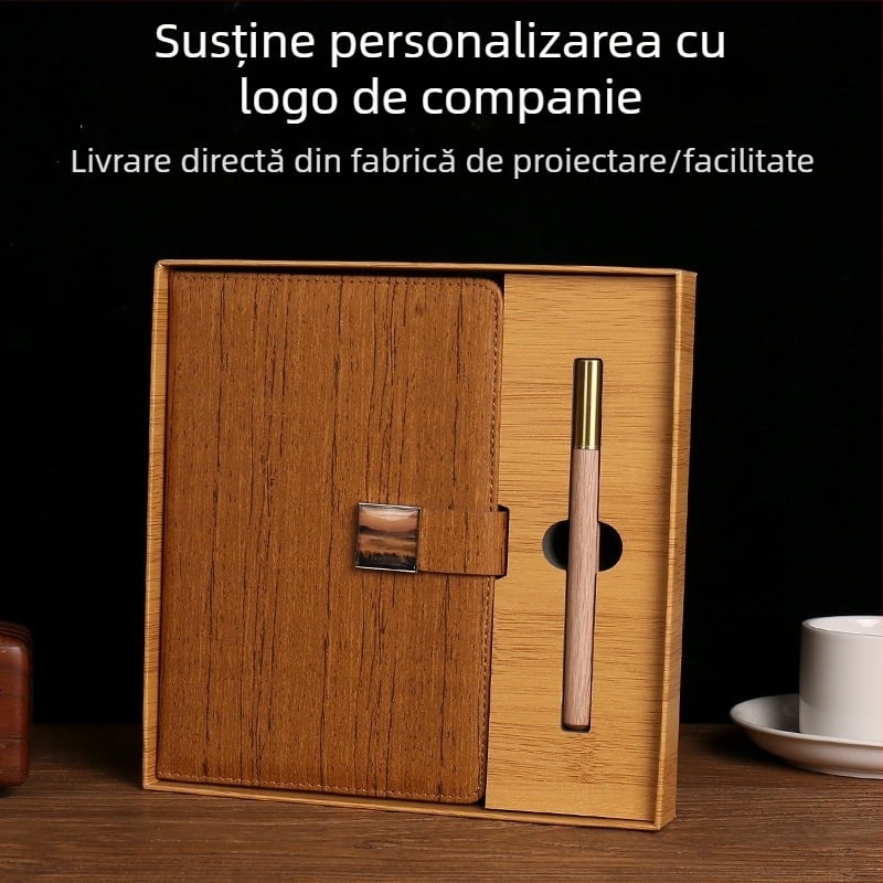 Jurnal PU cu textură lemnoasă, set cadou în cutie, notebook de afaceri cu stilou și logo personalizat