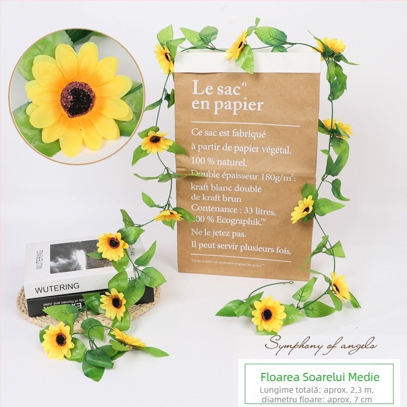 Viță artificială cu floarea-soarelui pentru decorarea conductei de aer condiționat, flori de mătase, lungime aproximativă 2 m
