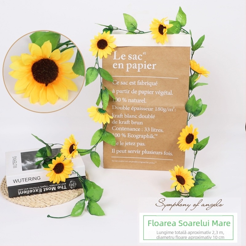 Viță artificială cu floarea-soarelui pentru decorarea conductei de aer condiționat, flori de mătase, lungime aproximativă 2 m
