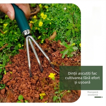 Set de trei unelte de grădinărit din oțel inoxidabil pentru uz casnic: lopățică mică și greblă pentru plante în ghivece
