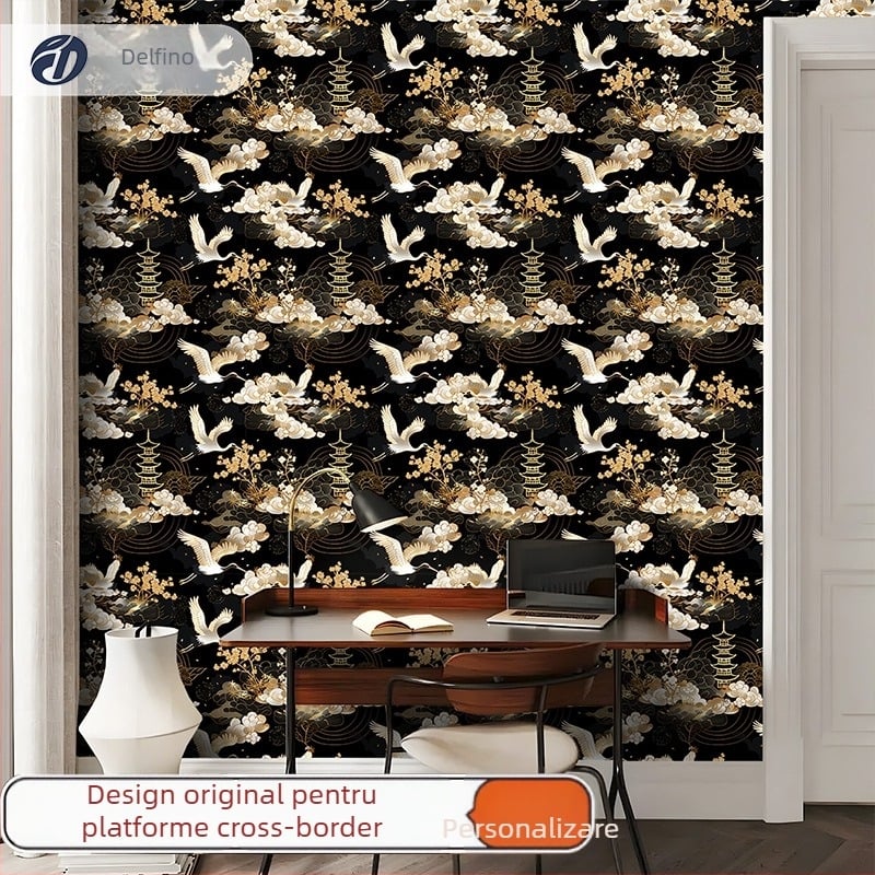 Tapetă retro japoneză cu motiv de pasăre japoneză – fundal pentru televizor, decor pentru living și dormitor, autocolant adeziv