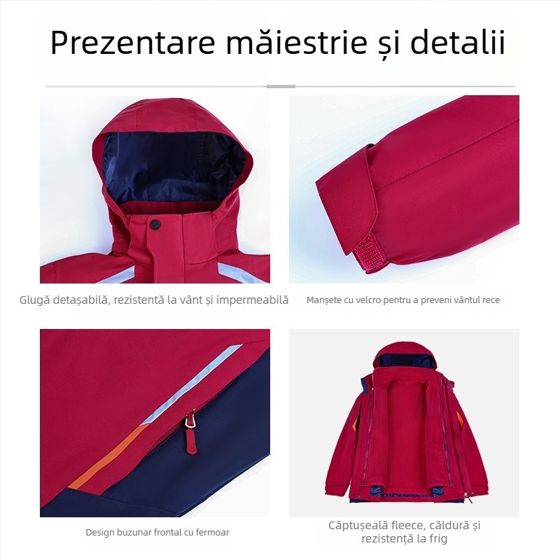 Jachetă de școală trei în unu pentru elevi din ciclul primar și gimnazial, impermeabilă, călduroasă pentru toamnă și iarnă, set de două piese