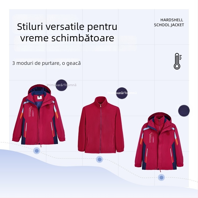 Jachetă de școală trei în unu pentru elevi din ciclul primar și gimnazial, impermeabilă, călduroasă pentru toamnă și iarnă, set de două piese