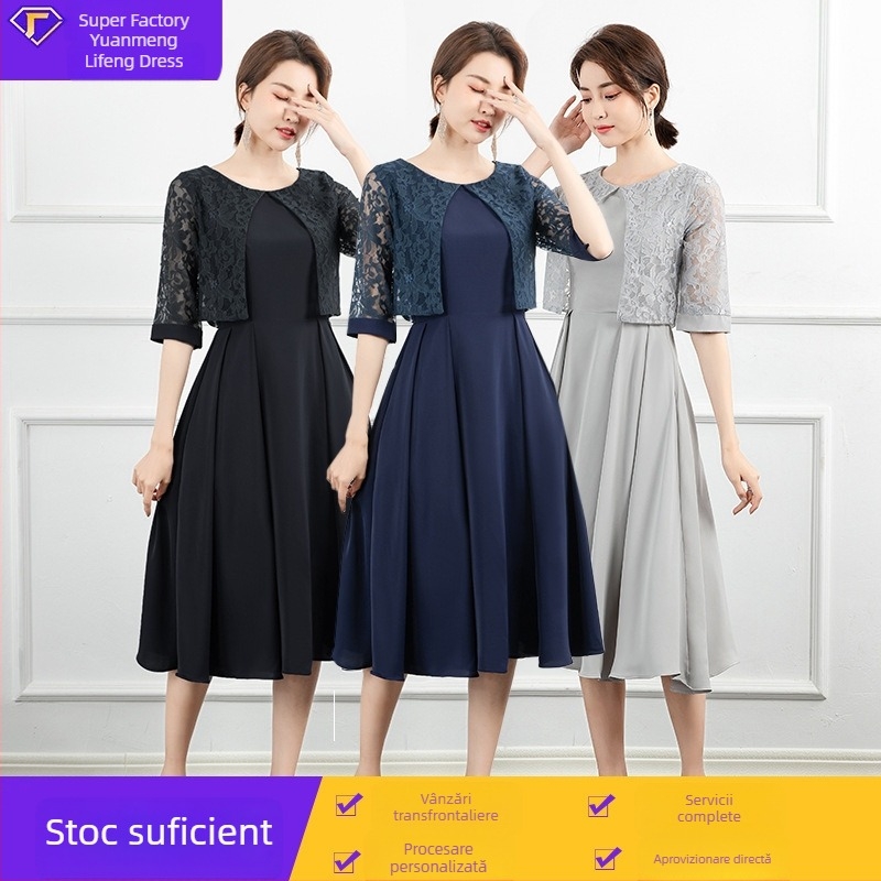Rochie de seară în stil european, cu dantelă patchwork, lungime midi, potrivită pentru purtare zilnică