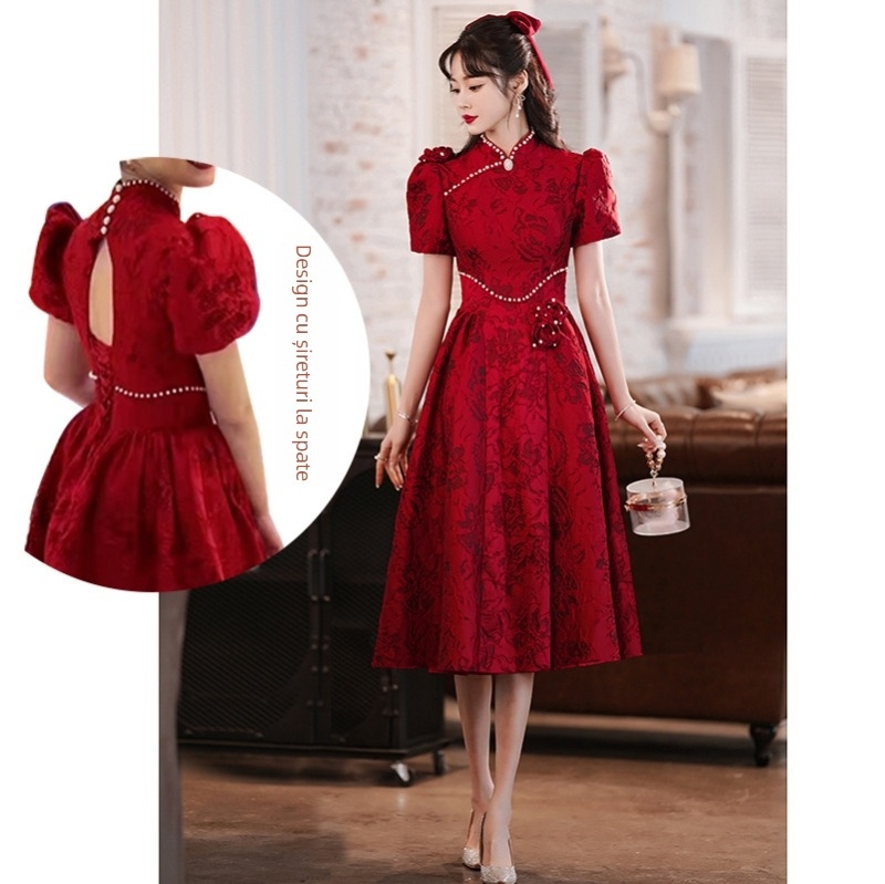 Rochie de mireasă bordo, în stil retro chinezesc, pentru logodnă și nuntă, potrivită pentru siluete mici