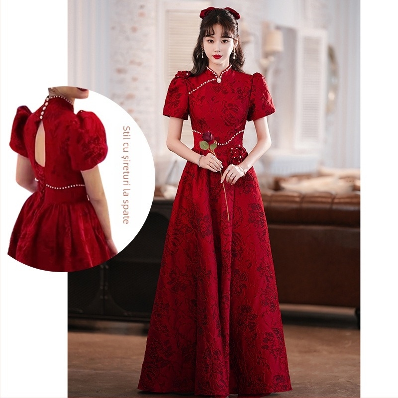 Rochie de mireasă bordo, în stil retro chinezesc, pentru logodnă și nuntă, potrivită pentru siluete mici
