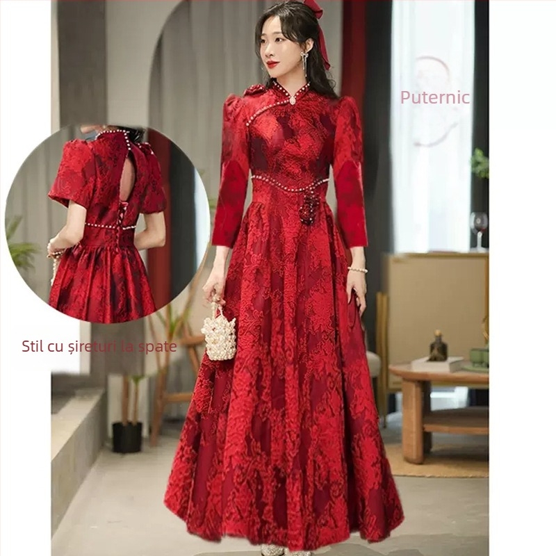 Rochie de mireasă bordo, în stil retro chinezesc, pentru logodnă și nuntă, potrivită pentru siluete mici