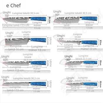 Set de cuțite bucătărie cu model damasc și mâner din rășină albastră — cuțit bucătar, cuțit Santoku și cuțit pentru legume