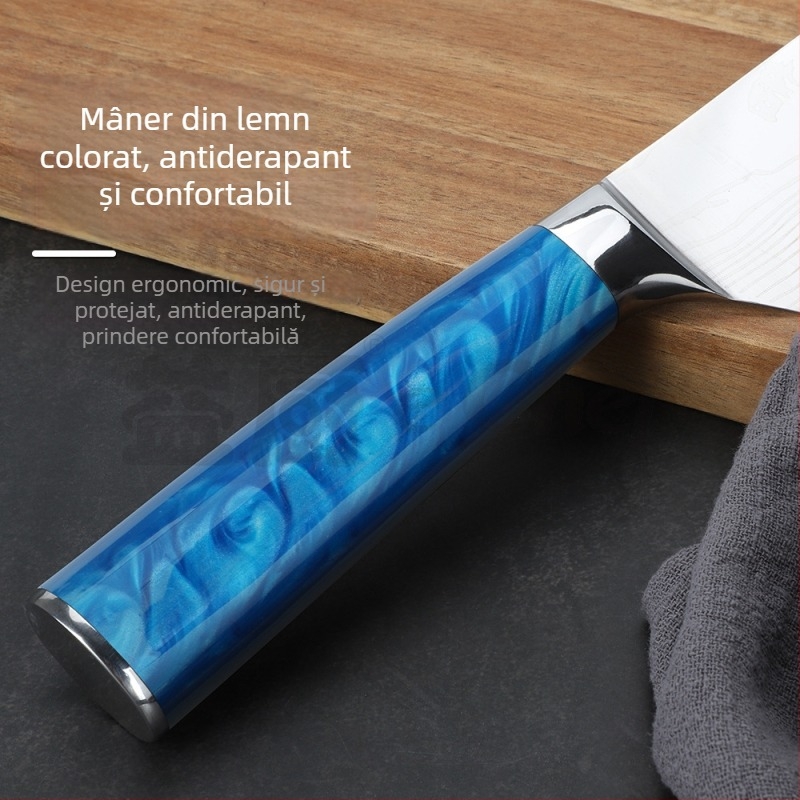 Set de cuțite bucătărie cu model damasc și mâner din rășină albastră — cuțit bucătar, cuțit Santoku și cuțit pentru legume