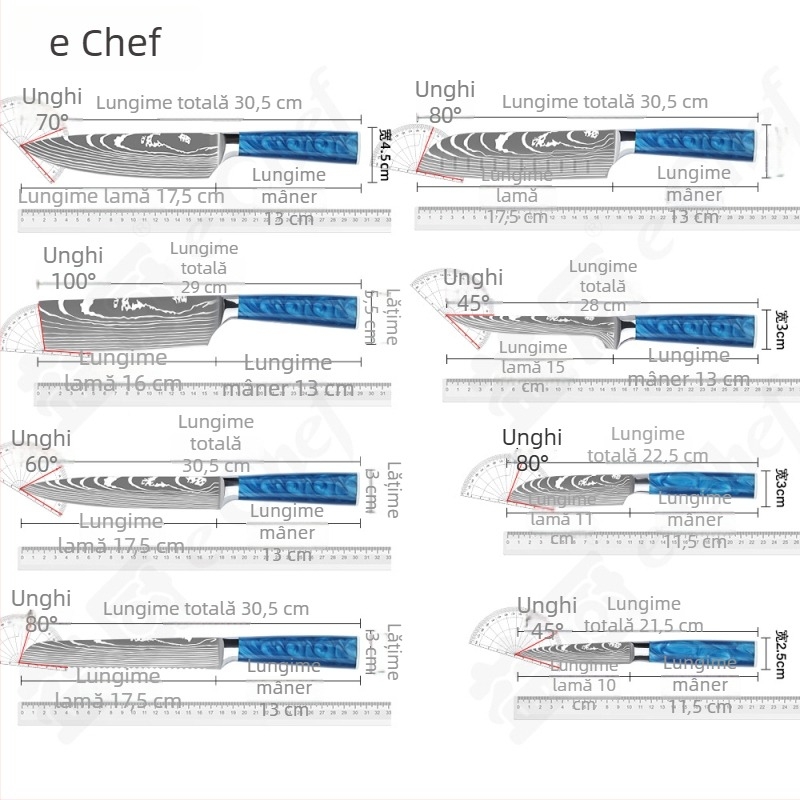 Set de cuțite bucătărie cu model damasc și mâner din rășină albastră — cuțit bucătar, cuțit Santoku și cuțit pentru legume
