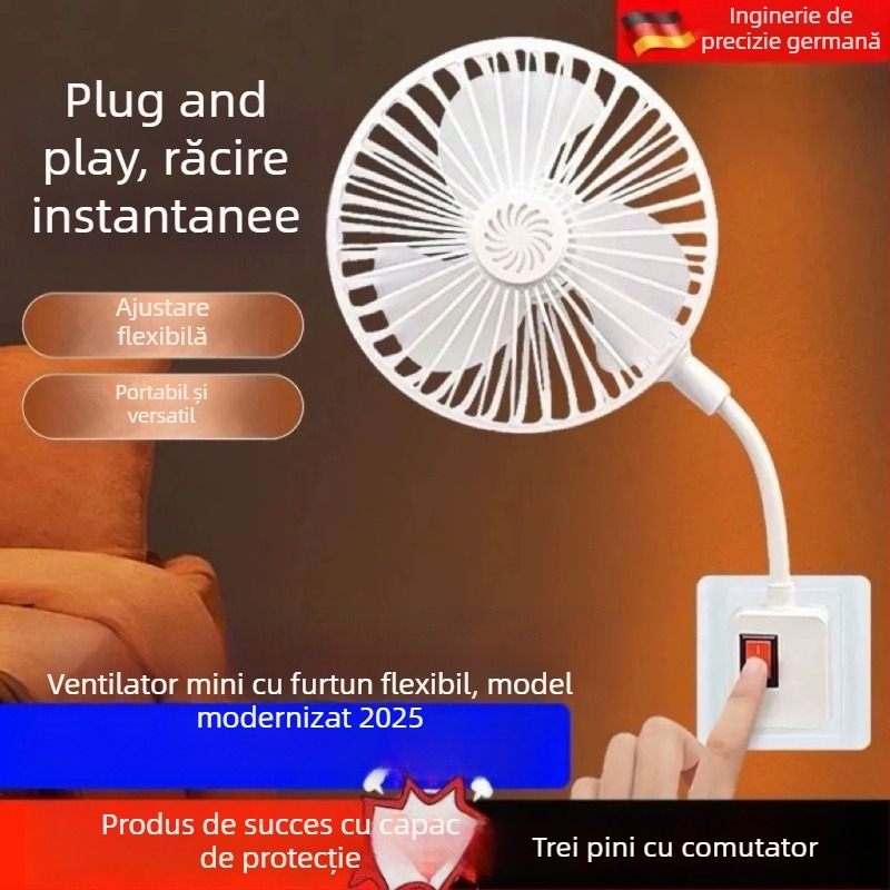 Ventilator mini portabil universal pentru casă și dormitor, cu priză integrată de trei pini și capac de protecție