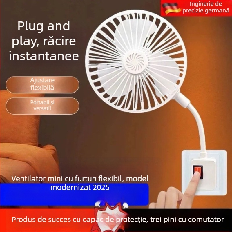 Ventilator mini portabil universal pentru casă și dormitor, cu priză integrată de trei pini și capac de protecție