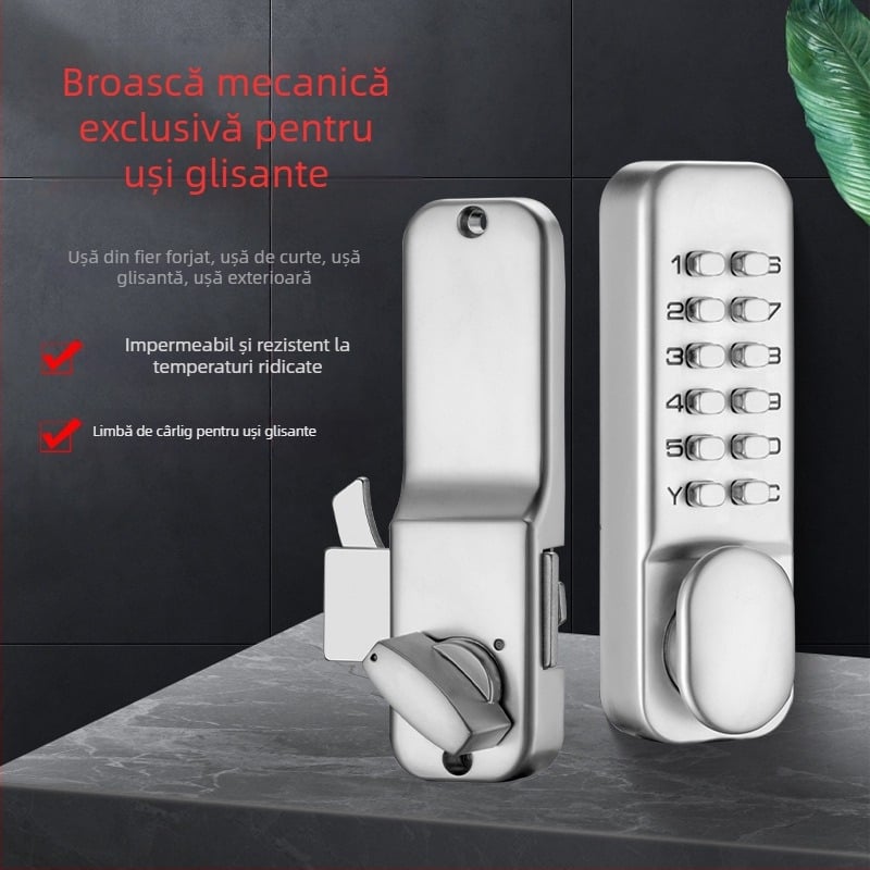Încuietoare mecanică cu combinație pentru uși glisante – bucătărie și balcon, din aliaj de aluminiu și lemn, pentru interior și exterior