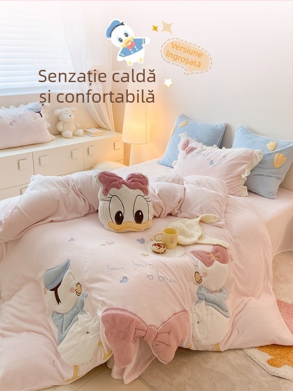 Iarnă drăguț desen animat fată prințesă stil, velur de lapte, set patru piese pentru copii cu husă de cuvertură și cearșafuri fleece coral