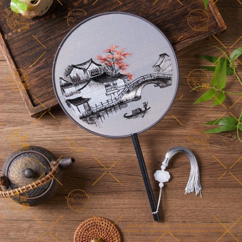 Evantai rotund, dublu brodat, Hanfu, broderie Suzhou, fan versatil pentru dans