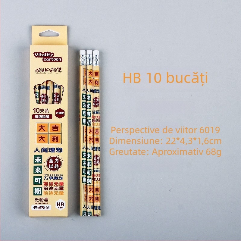 Creioane HB în cutie cu 10 bucăți, cu gumă de șters, pentru elevi – desen și scriere, examene gimnaziu și liceu