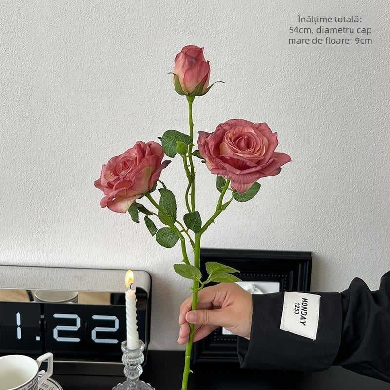 Trandafir vintage cu trei tije și petale cu margini arse, floare artificială de mătase pentru decor de sufragerie, nuntă și recuzită fotografică
