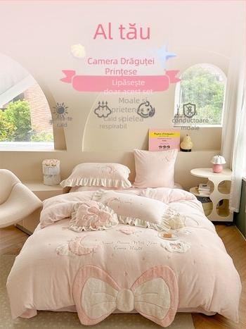 Set de pat 4 piese, stil prințesă, roz, fleece coral pentru fete
