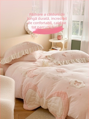 Set de pat 4 piese, stil prințesă, roz, fleece coral pentru fete