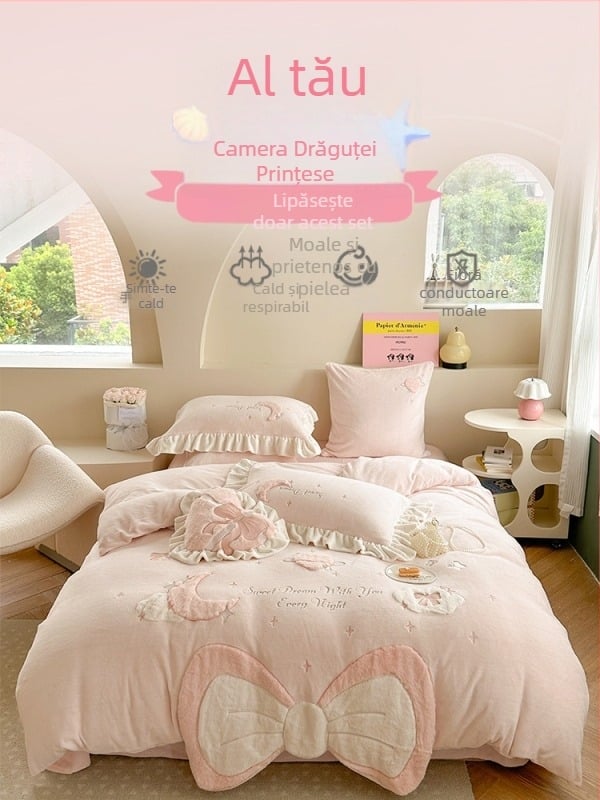 Set de pat 4 piese, stil prințesă, roz, fleece coral pentru fete