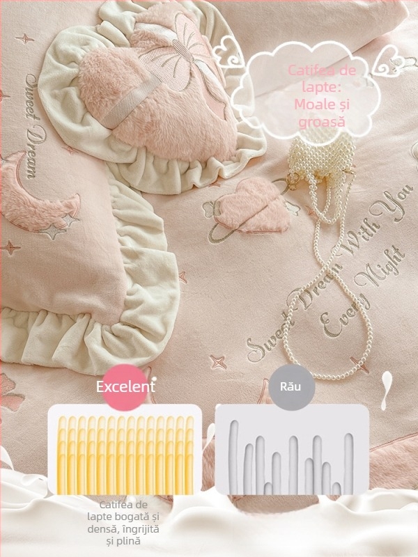 Set de pat 4 piese, stil prințesă, roz, fleece coral pentru fete