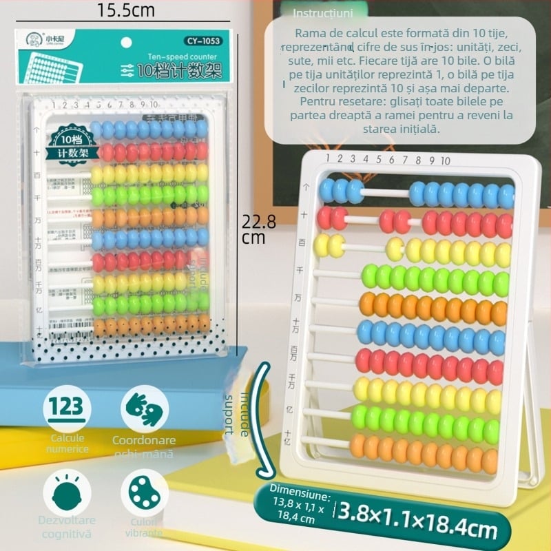 Abac pentru copii, cadru de numărare pentru grădiniță și școala primară — adunare și scădere, instrument educațional din plastic.