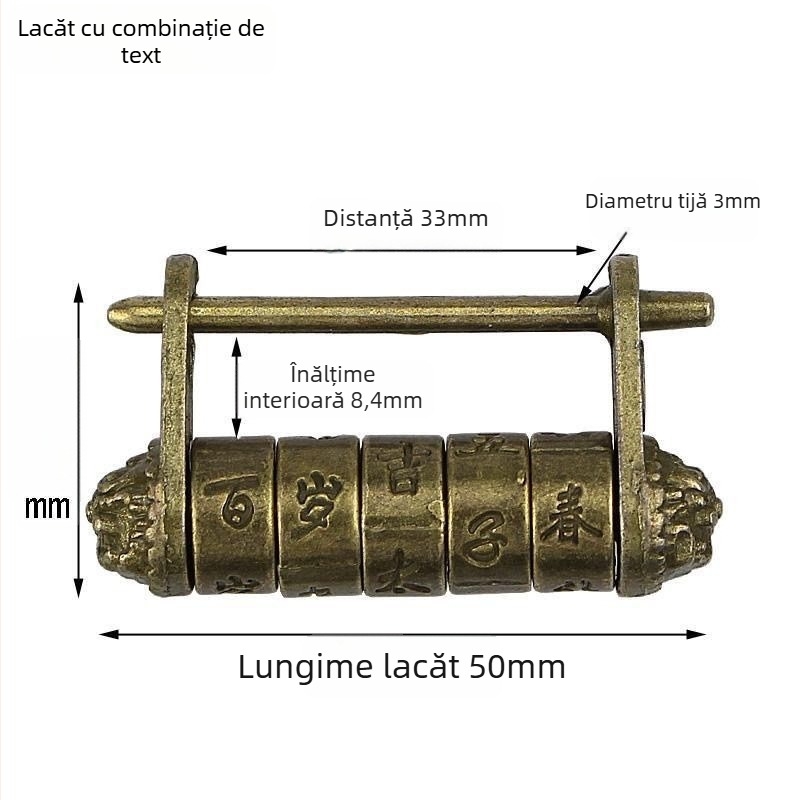 Lacăt cu combinație de litere – stil chinezesc antic, lacăt retro pentru cutie de bijuterii cu deschidere orizontală