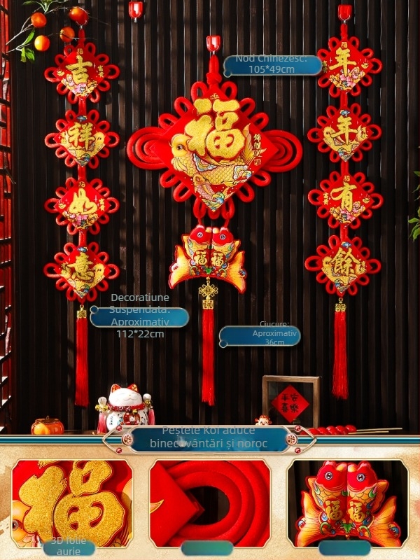 Pandantiv mare cu nod chinezesc pentru sufragerie, cu simbolul norocului, pește și motive de festival chinezesc, decor de interior de lux pentru noul cămin