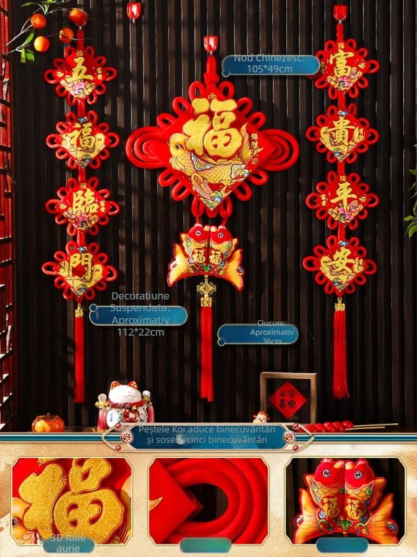 Pandantiv mare cu nod chinezesc pentru sufragerie, cu simbolul norocului, pește și motive de festival chinezesc, decor de interior de lux pentru noul cămin