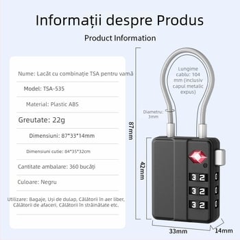 Lacăt de bagaje cu parolă, cablu din oțel, ABS, TSA aprobat