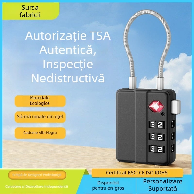 Lacăt de bagaje cu parolă, cablu din oțel, ABS, TSA aprobat