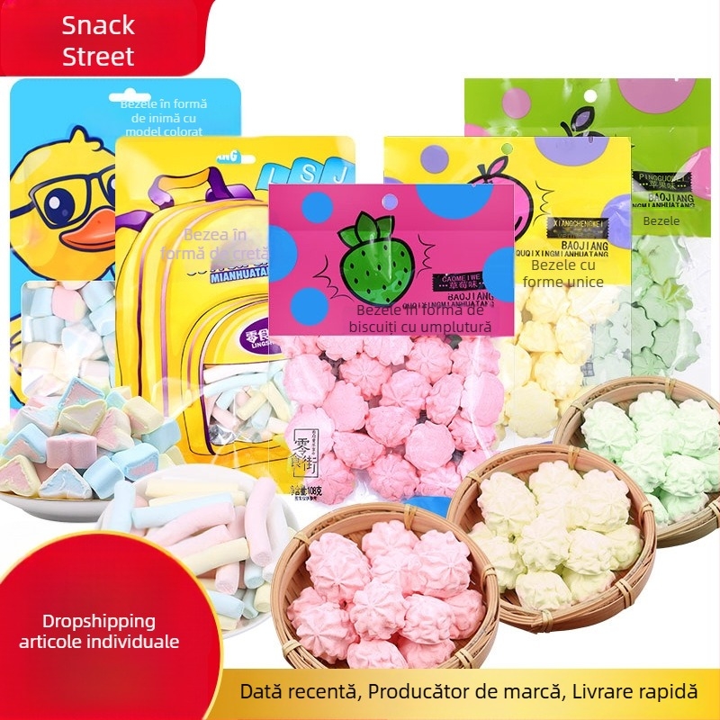 Bare colorate cu inimă de biscuiți și marshmallow, arome de fructe: căpșună, măr și portocală